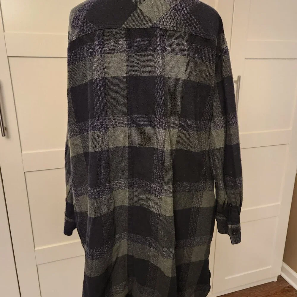 French Connection Plaid Flannel Shirt Dress Tie Belt Green Blue Medium